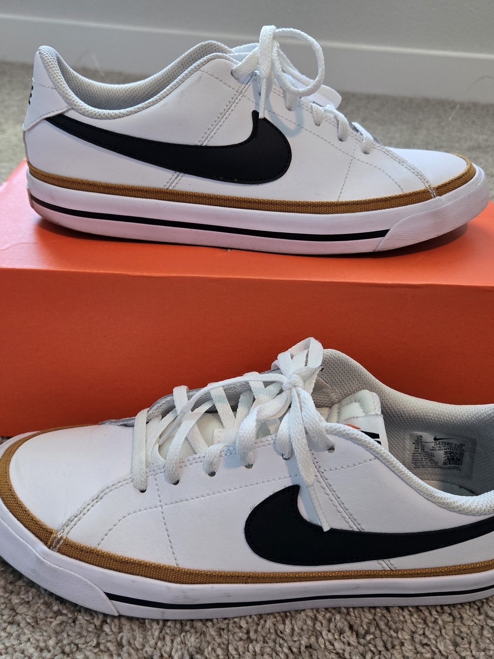 Nike Nature Legacy White Leather Low-Top Sneakers with Black Swoosh and Tan Trim